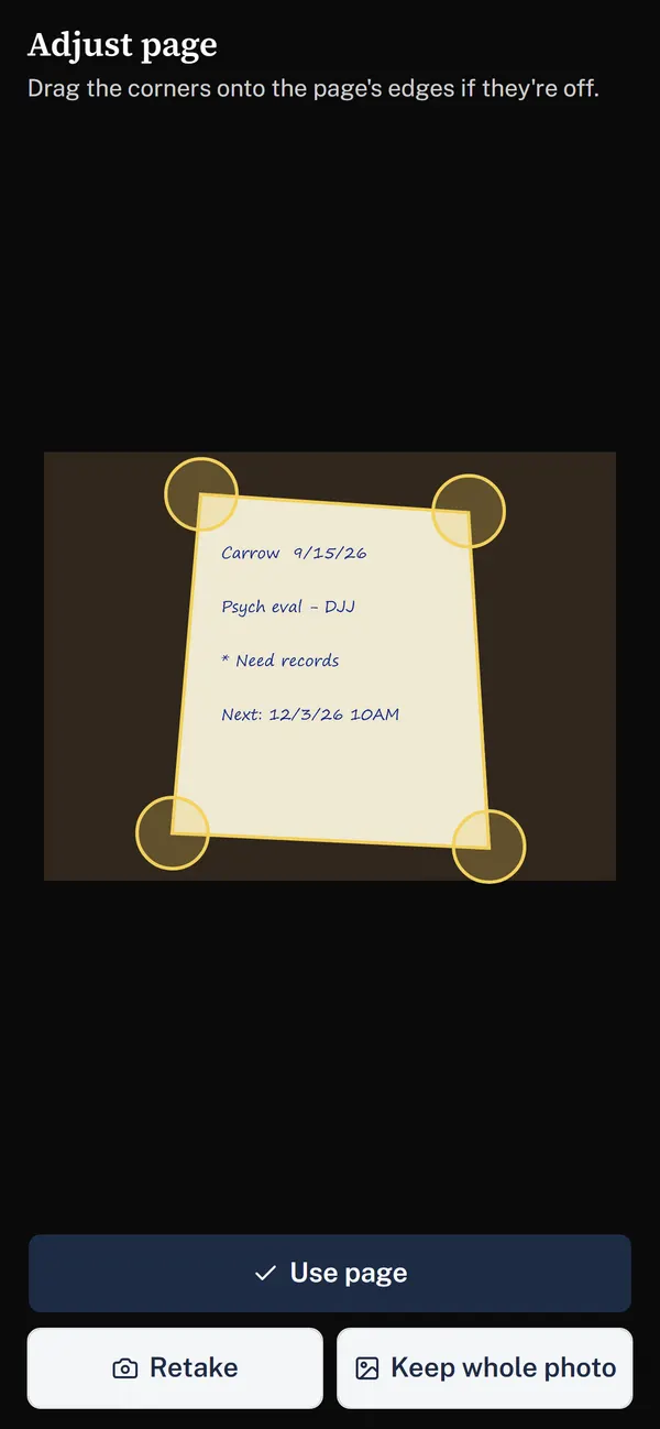 DocketIQ's Adjust page screen on a phone: a photographed handwritten note with a corner handle on each of its four corners.
