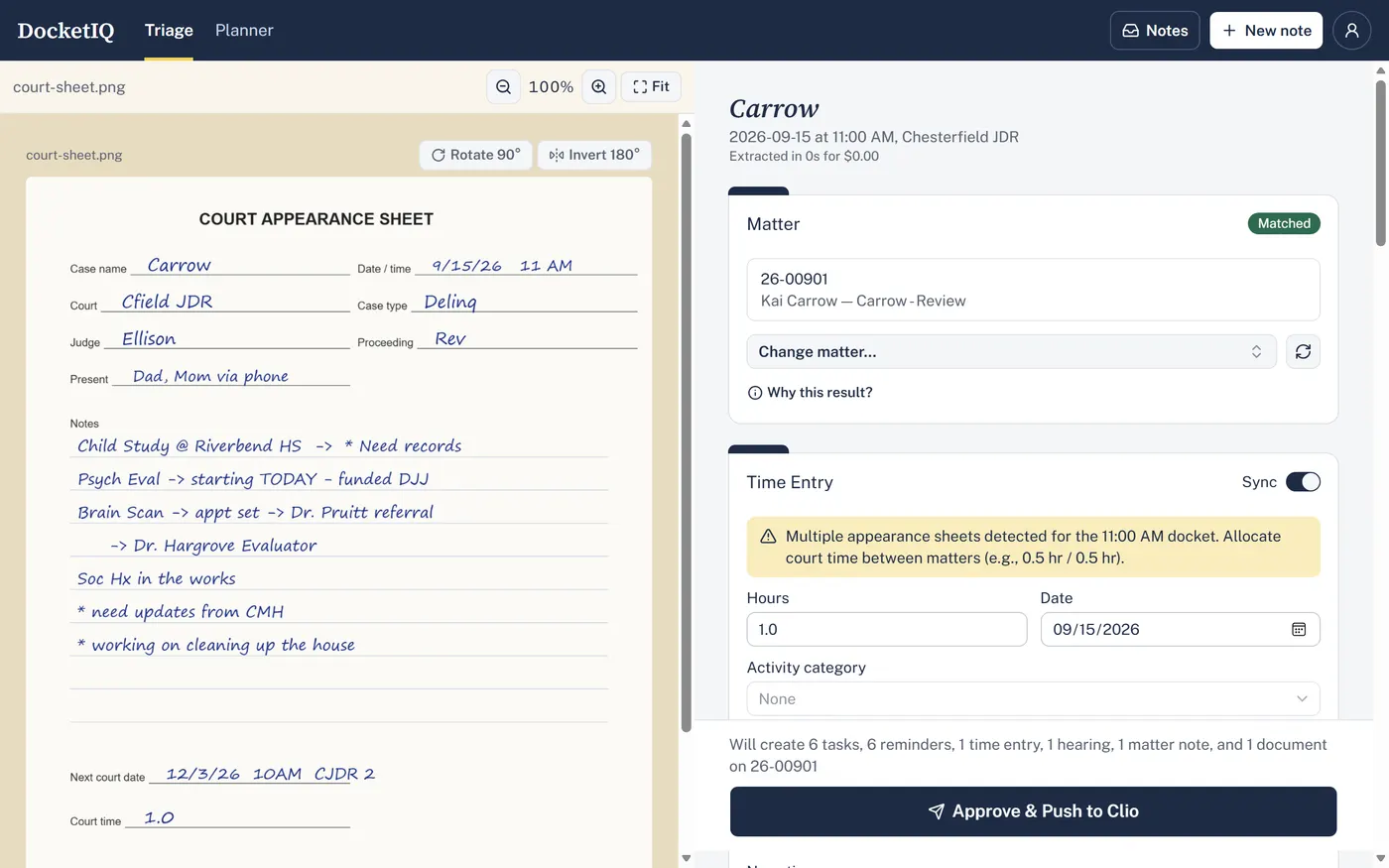 DocketIQ's review screen: a handwritten court note beside the tasks and time entry drafted from it, with Approve & Push to Clio.