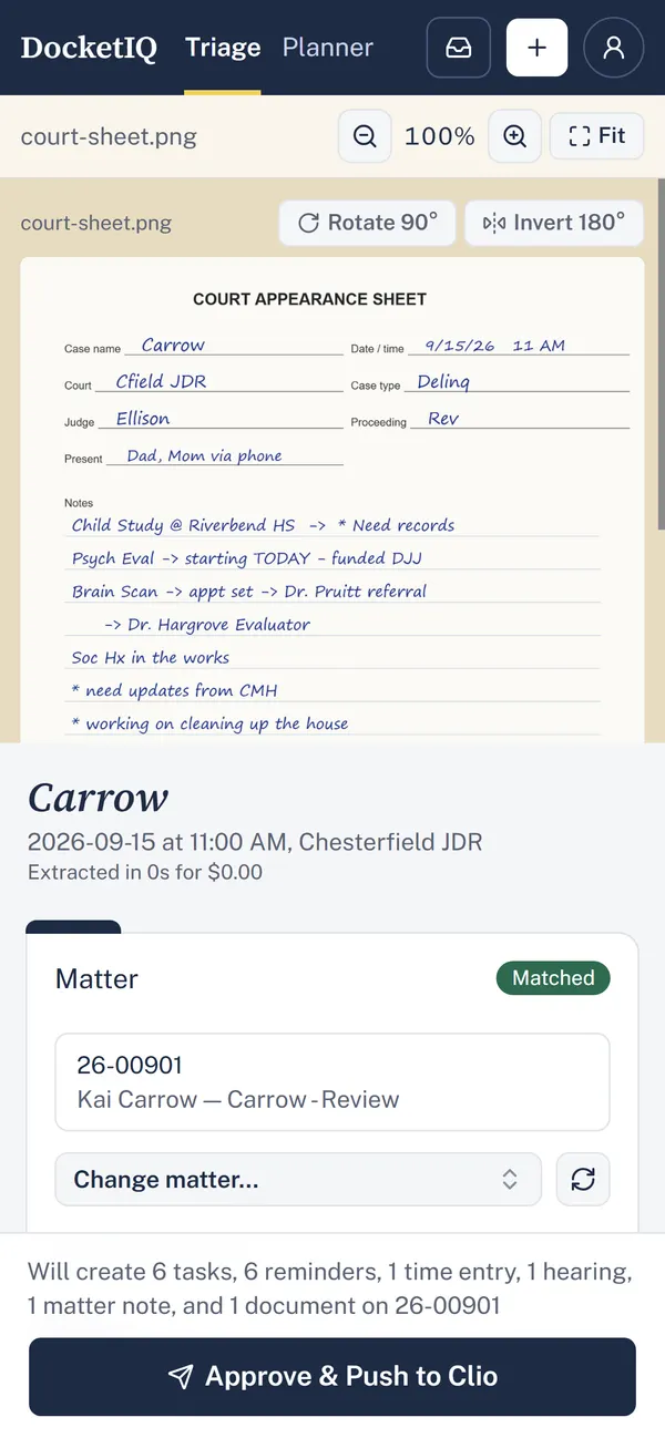 DocketIQ's review screen on a phone: the court note above the matter it was matched to.