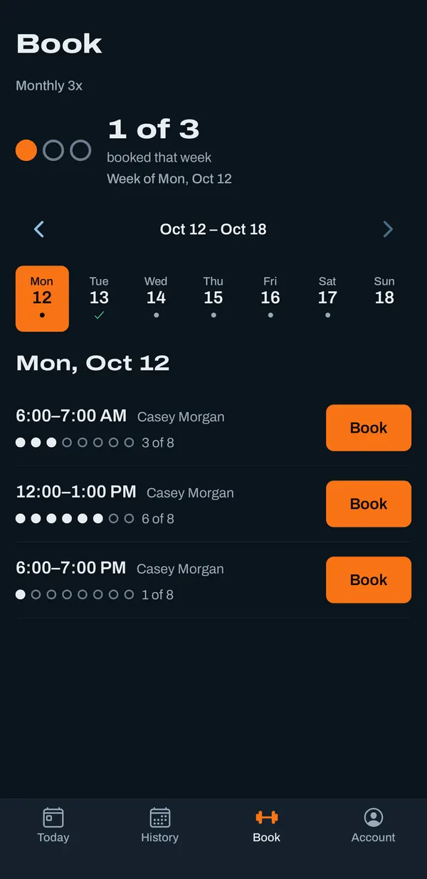 Steelset's Book screen on a phone: one booking of three used this week, and Monday's classes with places left and Book.