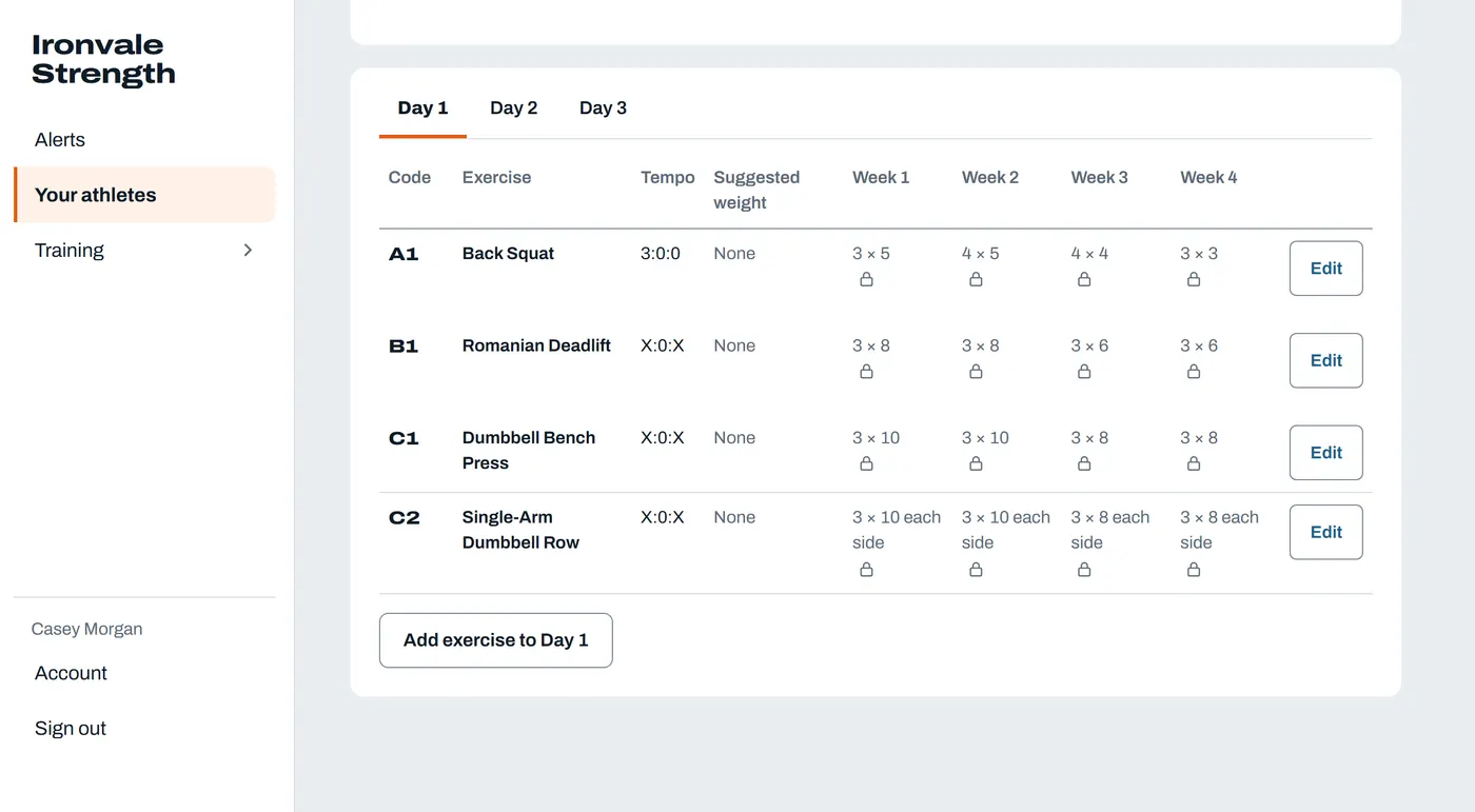 Steelset's program editor: Day 1's exercises, each with its sets and reps for weeks 1 to 4.