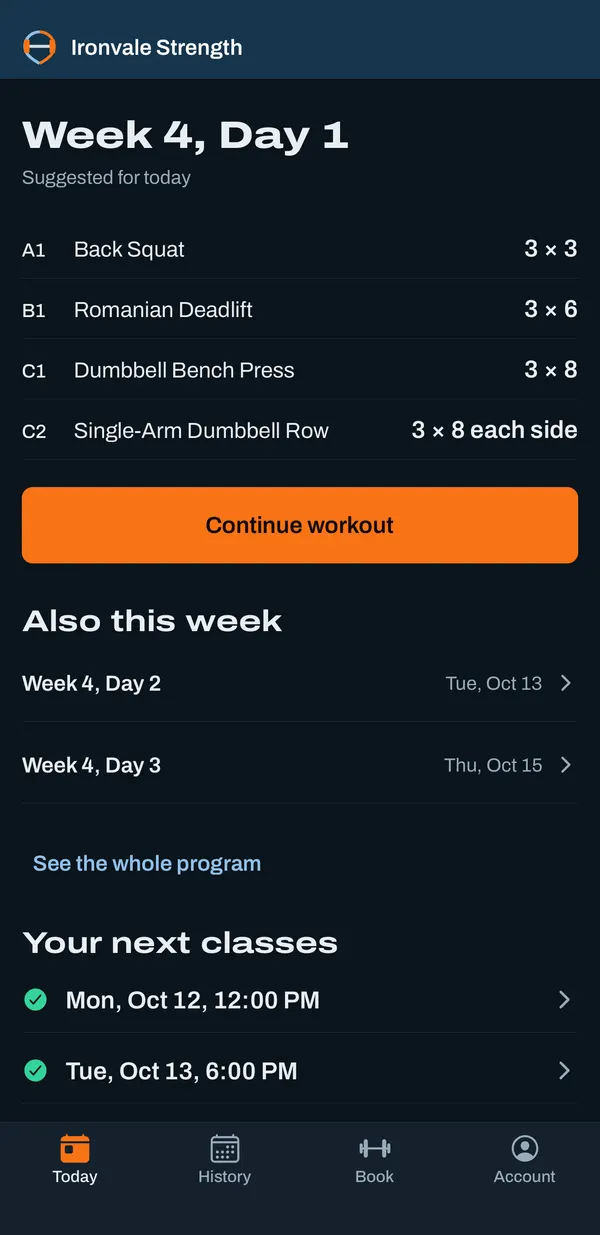 Steelset's phone app: today's workout, with each exercise's sets and reps, and Continue workout.